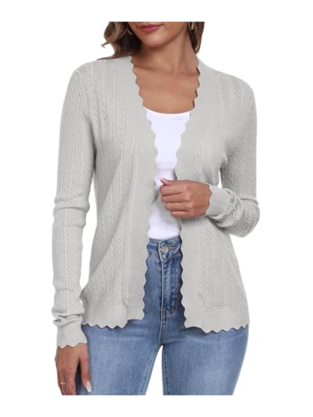 Women's Crochet Knit Cardigan Long Sleeve Open Front V-Neck Lightweight Sweater